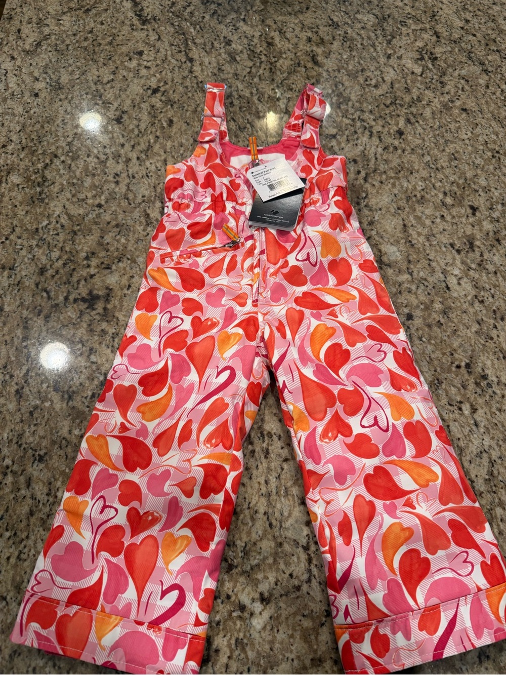 NWT Sz4 Obermeyer Girls Heart-Print Pink Red Orange Snow Bib Pants